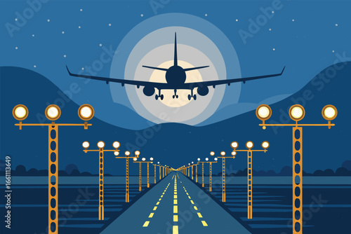Gleaming runway lights illuminate a dark night as an airplane prepares for takeoff, a beacon of travel and adventure.