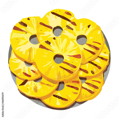 Plate of Grilled Pineapple Slices, Delicious Barbecue Dessert - Vector Illustration