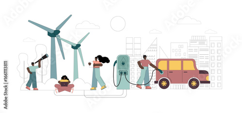 Wind generator. Refueling an electric car. Alternative energy sources. Vector flat illustration