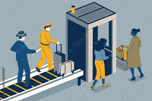 Passengers undergo thorough security screening using a high-tech X-ray baggage scanner at an airport checkpoint.