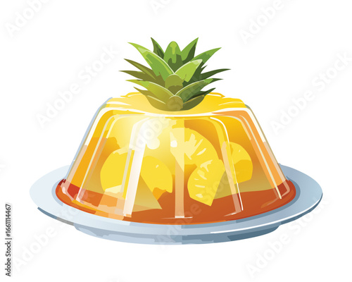 Pineapple Gelatin Dessert with Pineapple Slices on a Plate - Vector Illustration