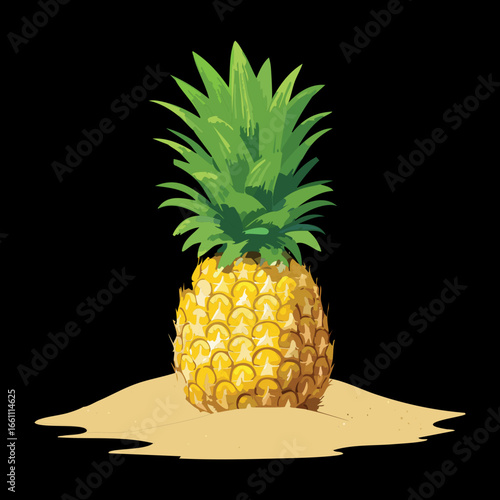 Whole Pineapple Fruit on a Sandy Beach Background - Vector Illustration