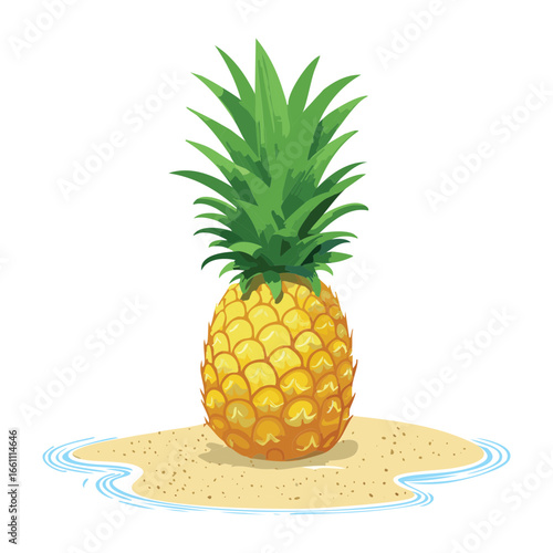A fresh and juicy ripe pineapple with its leaves, on a sandy beach - Vector Illustration