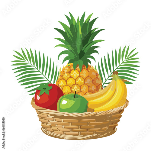  A Wicker Basket Filled with Assorted Fresh Fruits - Vector Illustration