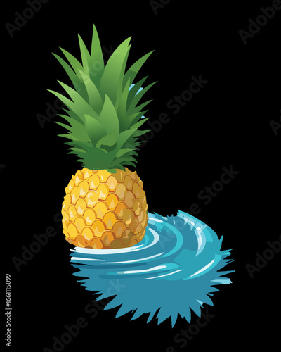 A Fresh Whole Pineapple Floating on a Blue Water Surface - Vector Illustration