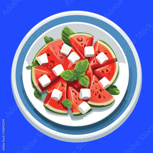 Watermelon and Feta Cheese Salad on a Plate - Vector Illustration