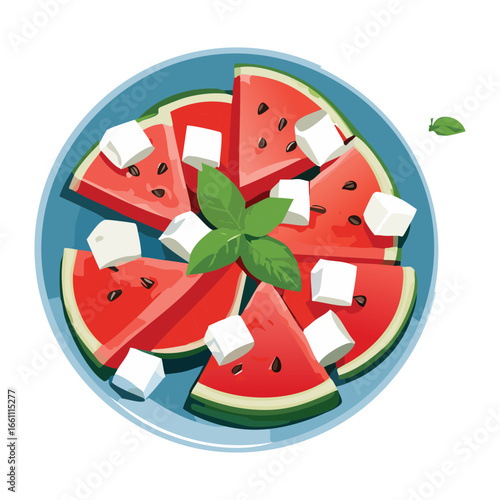 A Delicious Watermelon, Feta, and Mint Salad on a Plate - Vector Illustration