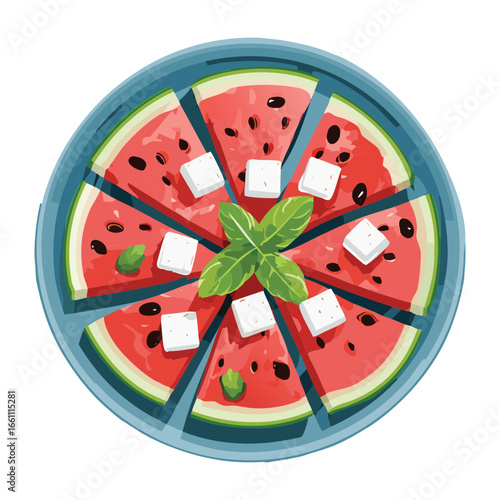 Fresh Watermelon and Feta Cheese Salad on a Plate - Vector Illustration