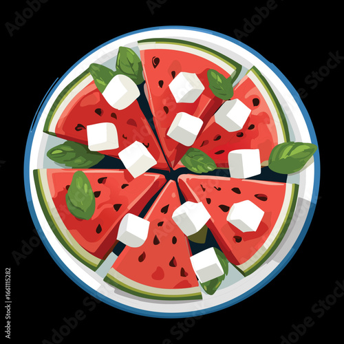 A Plate of Watermelon and Feta Cheese Salad - Vector Illustration