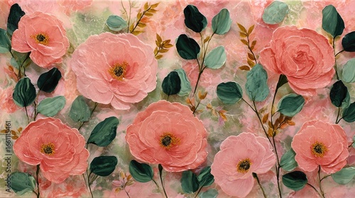 Pastel pink floral artwork with textured blossoms and foliage