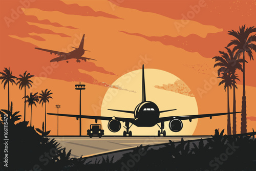 A striking silhouette of a passenger jet poised for takeoff, bathed in the warm glow of a vibrant sunrise, at a bustling airport.