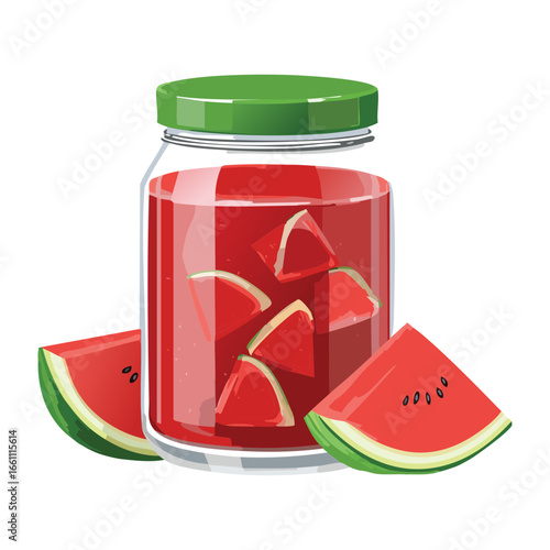 A Delicious Jar of Watermelon Jam with Fresh Watermelon - Vector Illustration

