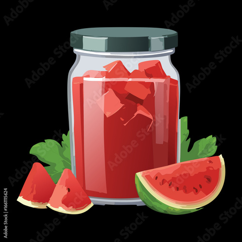 Homemade Watermelon Jam with Fresh Mint and Watermelon Slices - Vector Illustration
