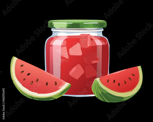 Watermelon Jam in a Jar and Fresh Watermelon Slices - Vector Illustration