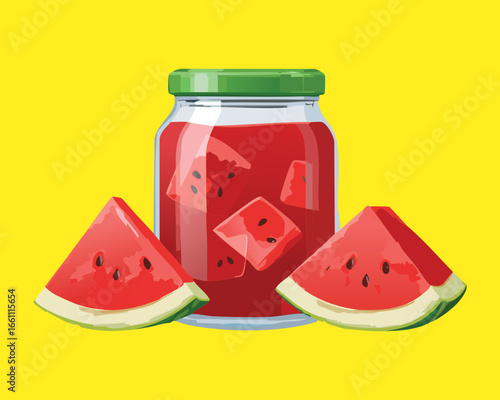 Fresh Watermelon Jam in a Glass Jar with Watermelon Slices - Vector Illustration