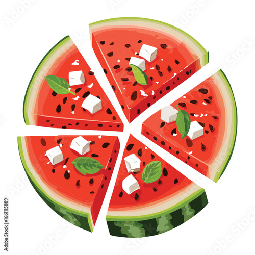 Fresh Slices of Watermelon Pizza with Feta and Mint - Vector Illustration