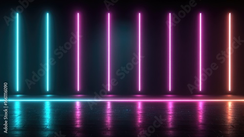 Wallpaper Mural Glowing neon lines reflect on a dark, glossy floor Torontodigital.ca