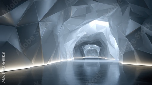 Fototapeta Naklejka Na Ścianę i Meble -  Reflective tunnel of geometric, white facets