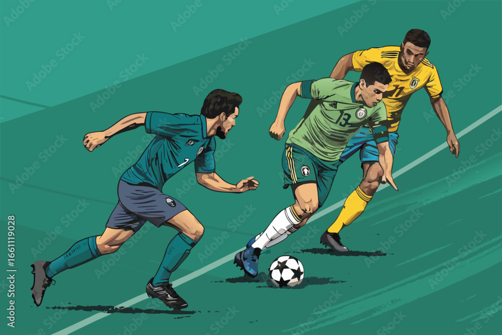 Naklejka premium Intense soccer midfield battle, players aggressively chasing the ball, dynamic action, desperate lunges, tactical positioning.