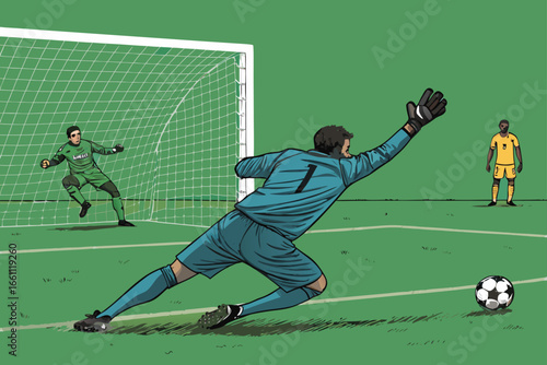 Tense soccer penalty shootout, keeper poised, anticipating the kick, blur of motion, focused goalkeeper, electric stadium atmosphere, dramatic sports moment.
