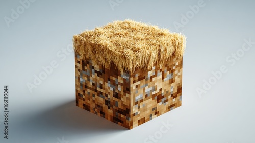 A digital rendering of a cube, reminiscent of a video game block, textured to resemble earth and topped with a layer of stylized hay or straw.  The cube casts a 