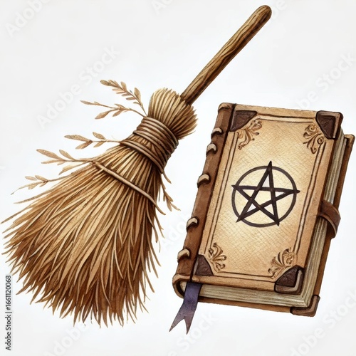 Witch’s broom and spell book with pentagram. Magical Halloween illustration in vintage style.