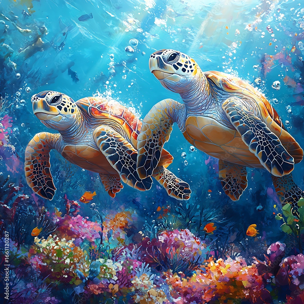 Fototapeta premium Two majestic sea turtles gracefully swimming through vibrant coral reefs in a photo