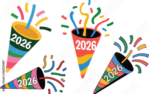 Celebrate 2026 Colorful Party Popper Design Elements for New Year