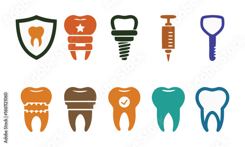 Dental care icons featuring teeth implants shields syringe mirror for dentistry and oral hygiene white background