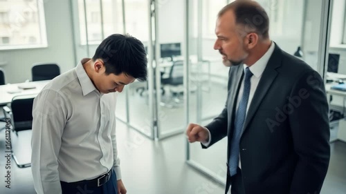 Caucasian businessman boss scolding asian subordinate employee in office, showing anger and frustration, conflict management footage.