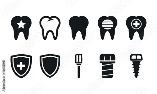 Collection of dental health icons representing teeth shields dental tools and implants for oral care white background