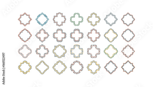 Twentyfour ornate geometric cross and diamond shapes in various styles, isolated on white background