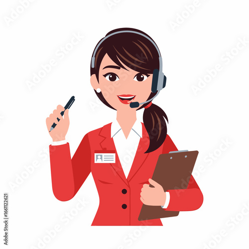 Smiling businesswoman in red suit holding clipboard and headset, ready to assist.