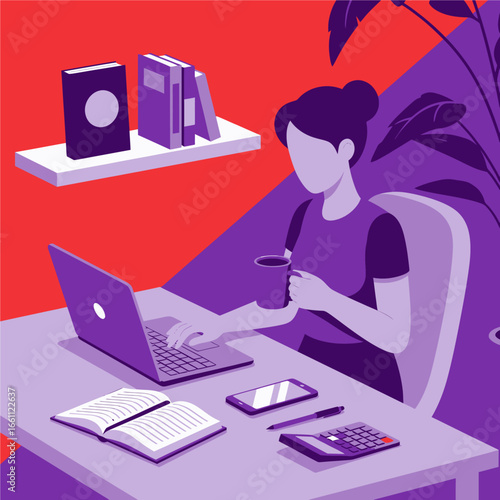 Woman works from home, using laptop, books, and coffee.