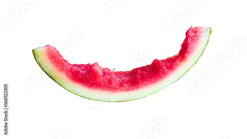 A nearly eaten watermelon slice with only the rind left, isolated on a transparent background, perfect for summer-themed designs and fresh fruit visuals.
