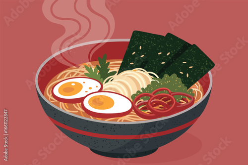 A comforting, steaming bowl of rich ramen, featuring perfectly sliced egg, savory seaweed, tender pork, and spring onions.
