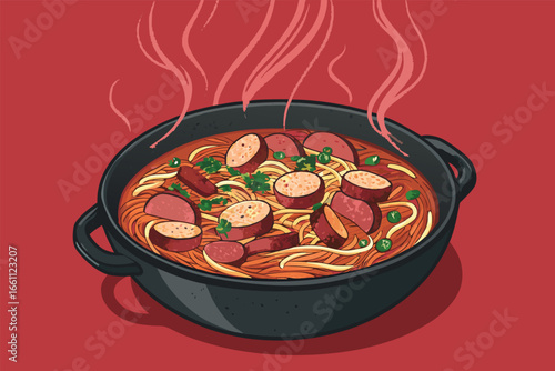 A steaming, hearty Korean army stew (Budae Jjigae) with a generous serving of sausages, ramen noodles, tofu, kimchi, and vibrant vegetables, bubbling in a cast-iron pot, evoking warmth and comfort.
