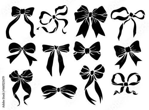 Black Monochrome decorative ribbon bows set. Holiday sign collection. Ribbon symbol, accessory logo, cut files. Vector outline illustrations isolated on transparent background