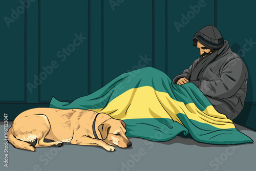 Sleeping stray dog guarding a homeless person, illustrating urban hardship and canine loyalty in a quiet moment.