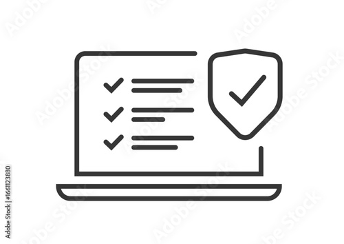Laptop checklist shield security icon line stroke outline vector graphic, computer pc insurance data check list simple pictogram sign symbol thin linear logo, online web internet protection guard