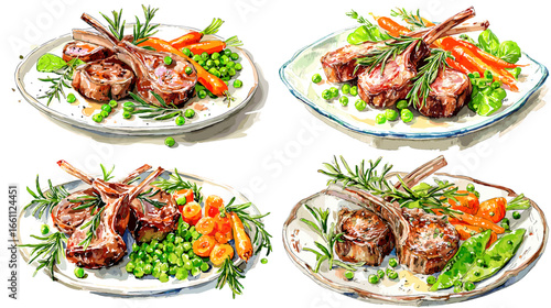 Watercolor painting of grilled lamb chops with rosemary, peas, and carrots on a plate. Great for restaurant menus, culinary designs, meat recipes, or gourmet food packaging.