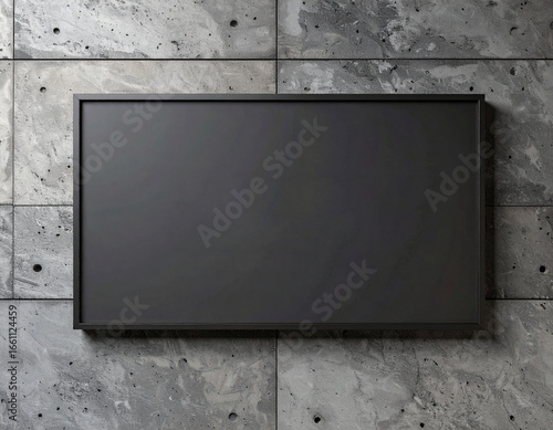A blank black rectangular frame hangs against a textured gray stone wall.