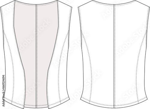 sleeveless fit princess darted tailored denim jean vest waistcoat template technical drawing flat sketch cad mockup fashion woman design style model 
