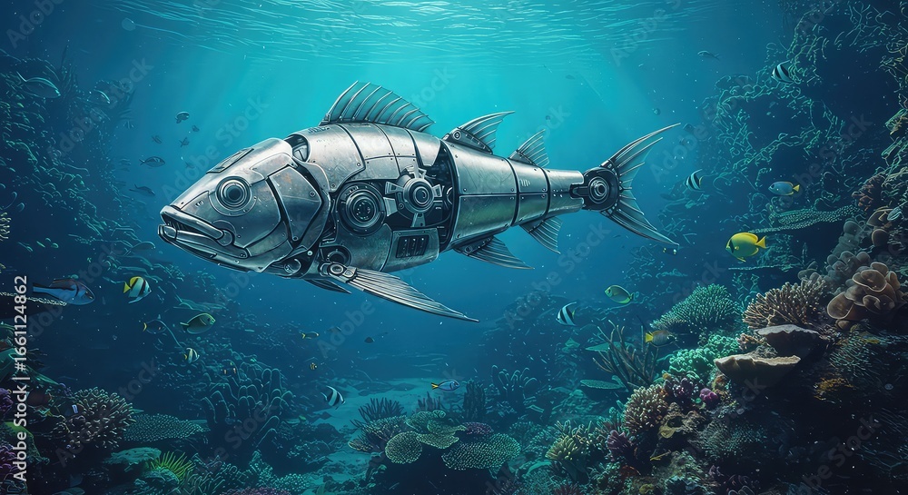 Fototapeta premium Advanced robotic fish navigates vibrant coral reef ecosystem, showcasing futuristic marine exploration and technological marvel in deep ocean