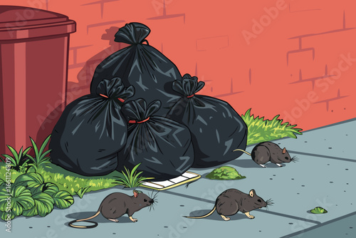Overflowing refuse sacks dominate a grimy urban street, teeming with scurrying rats.