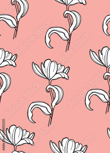 Contemporary seamless floral pattern with bold black outline flowers over a blush pink background. Trendy botanical repeat for fashion fabrics, women’s apparel, stationery, packaging, home decor
