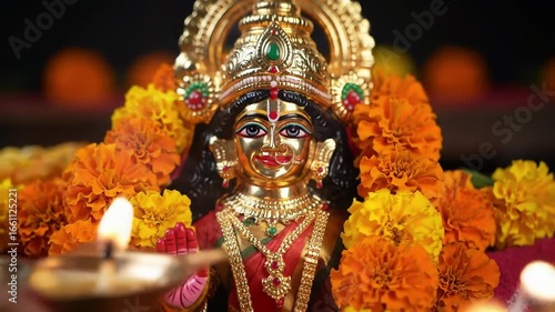 “Goddess Lakshmi idol surrounded by marigold flowers, candles, and rangoli designs, hyper-realistic”