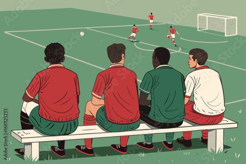 Young athletes, sidelined players, intently observing intense football competition from the dugout.
