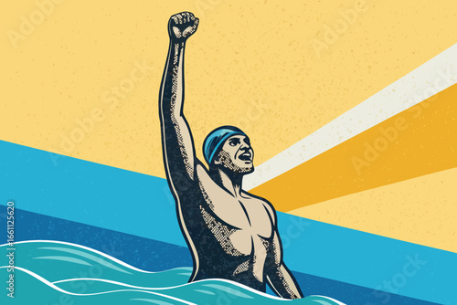 -swimmer-celebrating-victory-with-raised-arm-in-po.eps