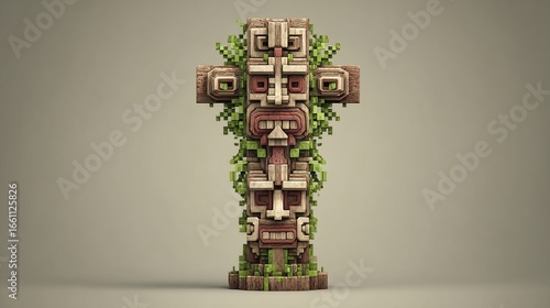 A voxel-style totem pole, exhibiting a cross-shaped design, features three carved faces with exaggerated features, adorned with vibrant green vines, and rests 